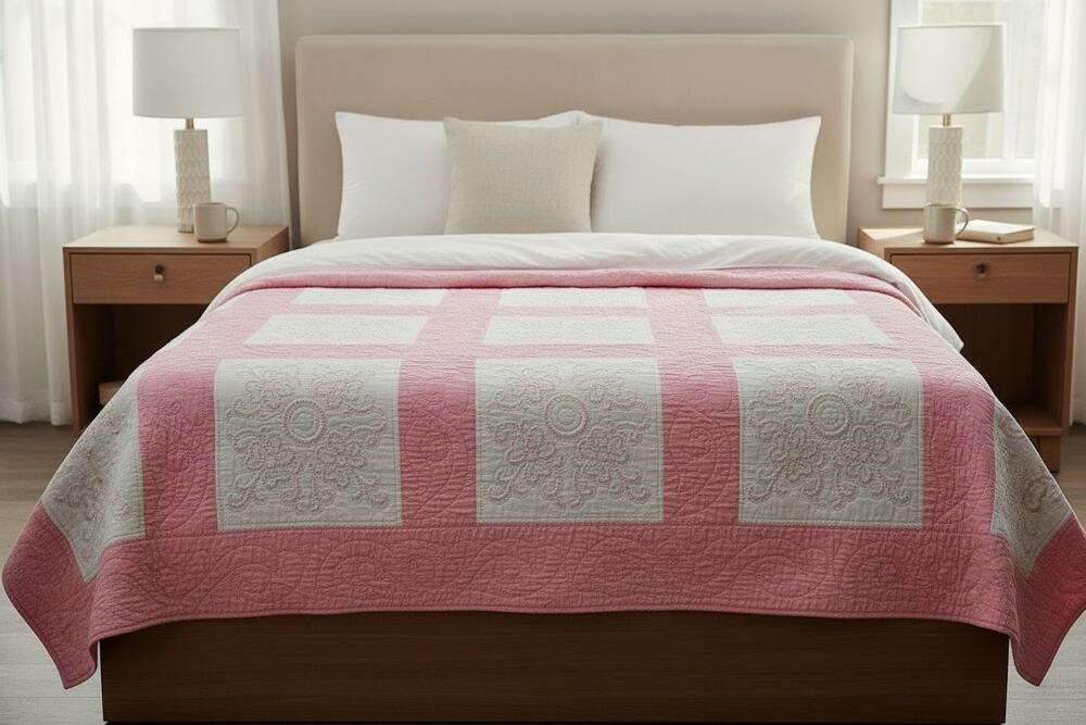 VintagePink White Patchwork Quilt Bedspread Cottage Floral 94"x73"